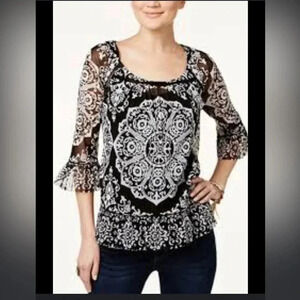 INC Women Printed Ruffled Sheer Peasant Top Henna Emblem Size Petite Large